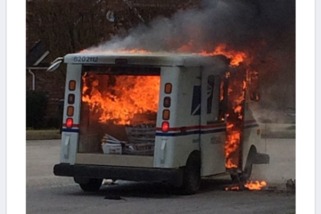 mail truck on fire