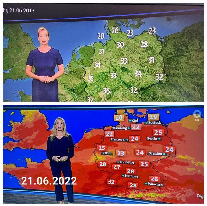 The same exact broadcast in Germany on the same date in 2017 and 2022 shows temperatures getting much lower...but in a scary red color to convince German sheep that it's super hot! (Fact-checked as real by Reuters)
